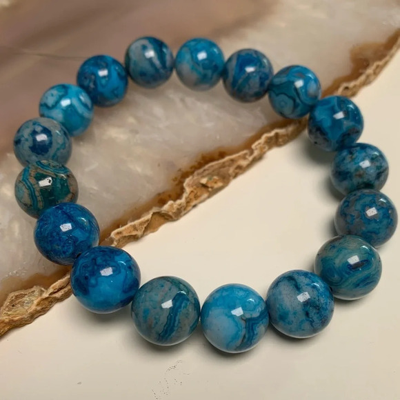 12mm Larimar-Dyed Crazy Lace Agate Stretch Beaded Bracelet - Picture 1 of 1